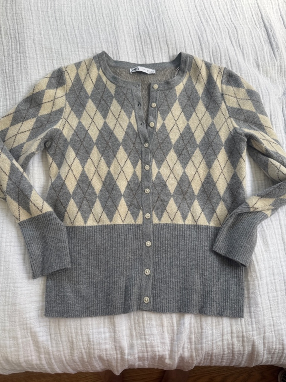 Zara Grey & Cream Argyle Button Cardigan